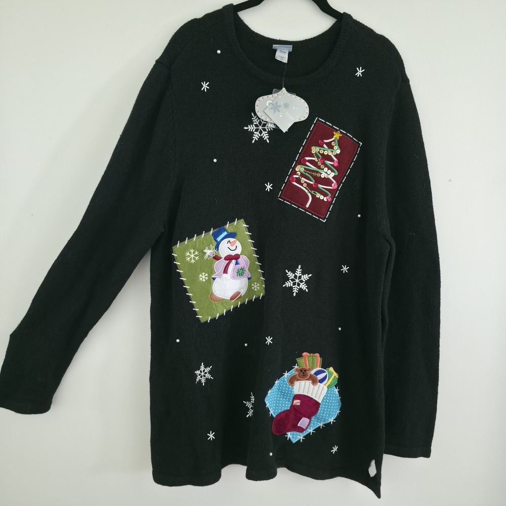 Kitsch Holiday Editions Ugly Christmas Sweater Black Embroidered Patchwork XL